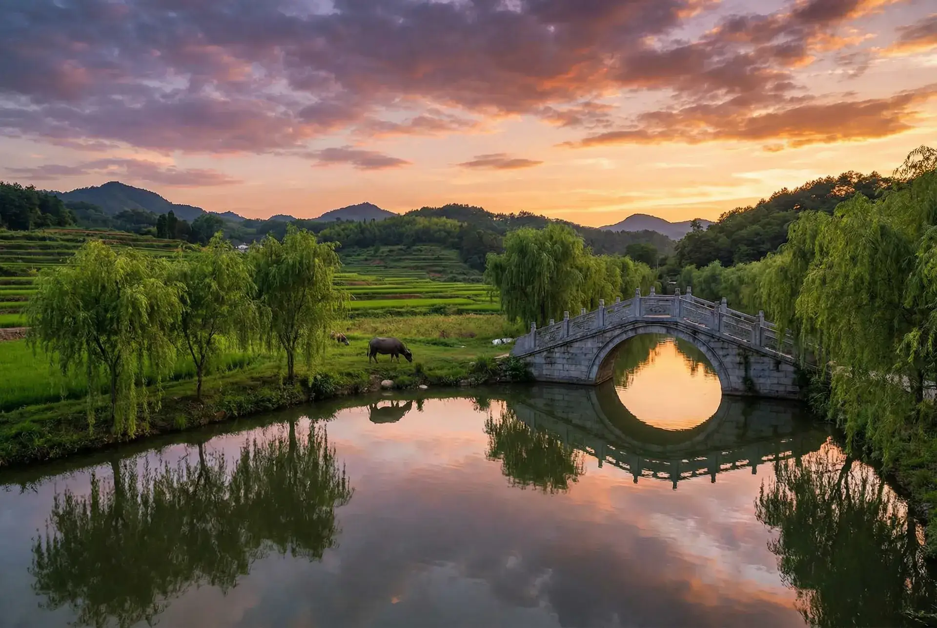 夕阳下的石拱桥与垂柳，水牛在河边吃草 - 高清乱码   免 乡村美景